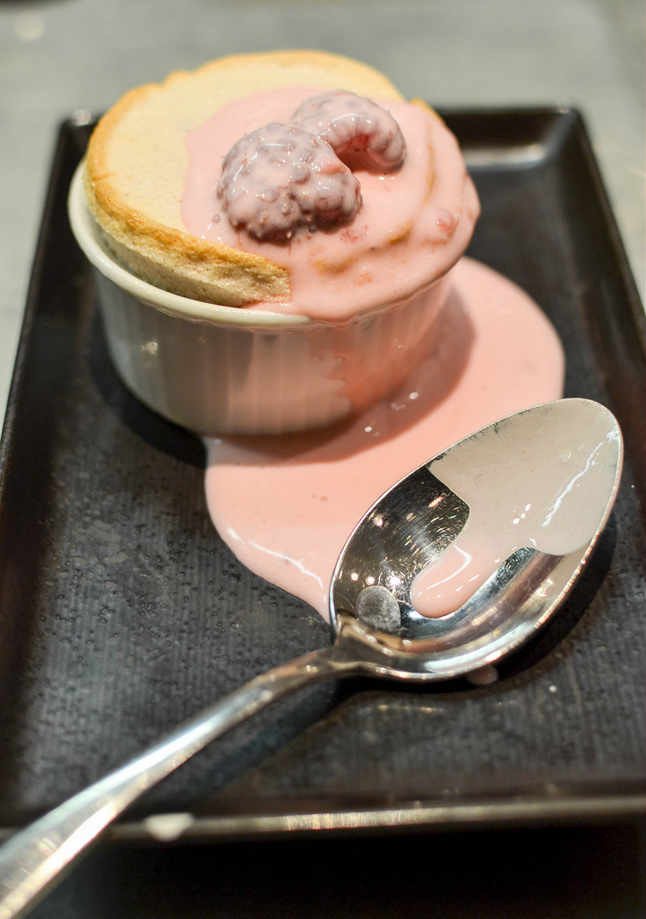 pomegranate souffle with raspberries and rose