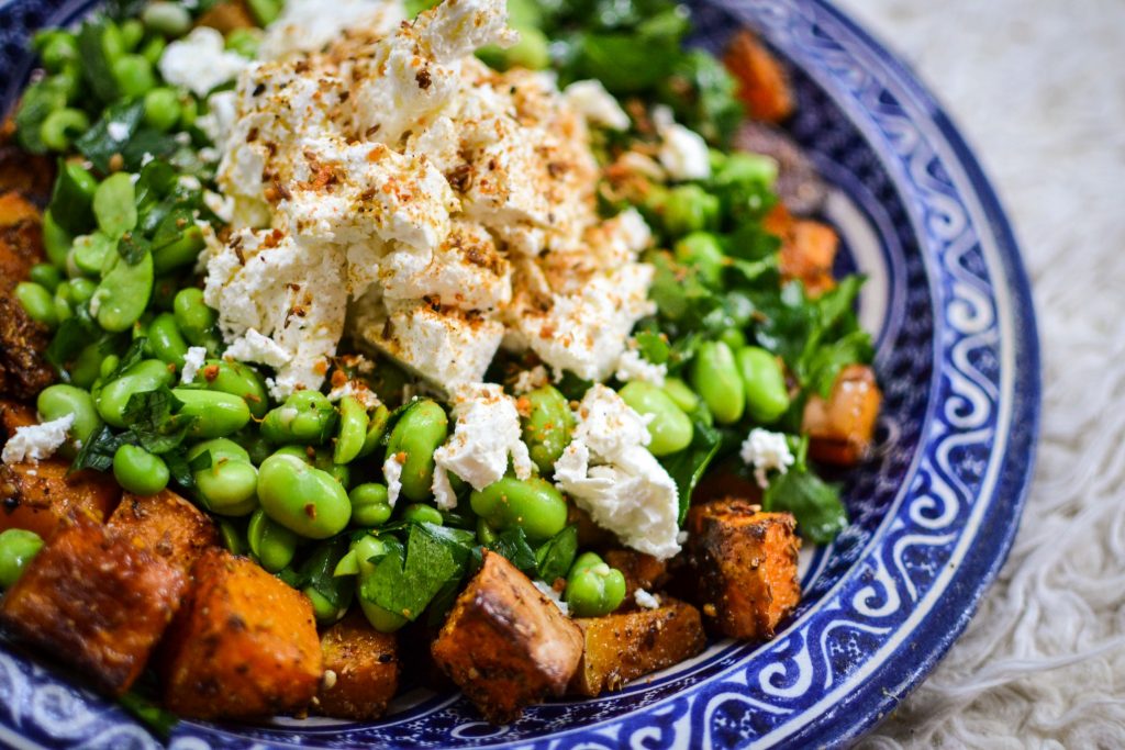 winter squash, broadbean and feta salad